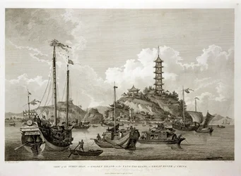 Widok na Tchin Shan, czyli Złotą Wyspę, w Yang-tse Kiang, czyli Wielką Rzekę Chińską, wyryty przez Wilsona, wyd. przez G. Nicol, 1796